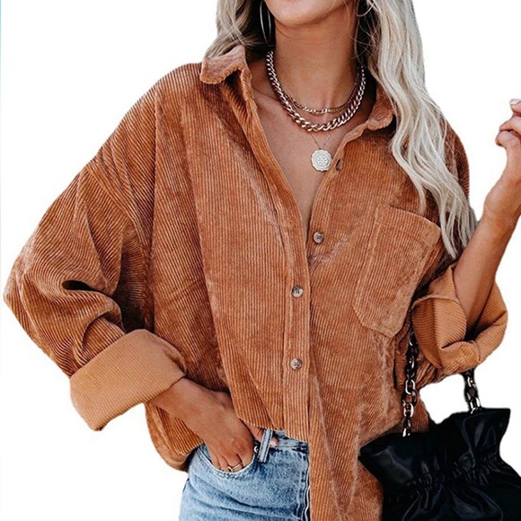 Womens Corduroy Button Down Shacket Casual Long Sleeve Shirt Jacket Oversized - Picture 3 of 5